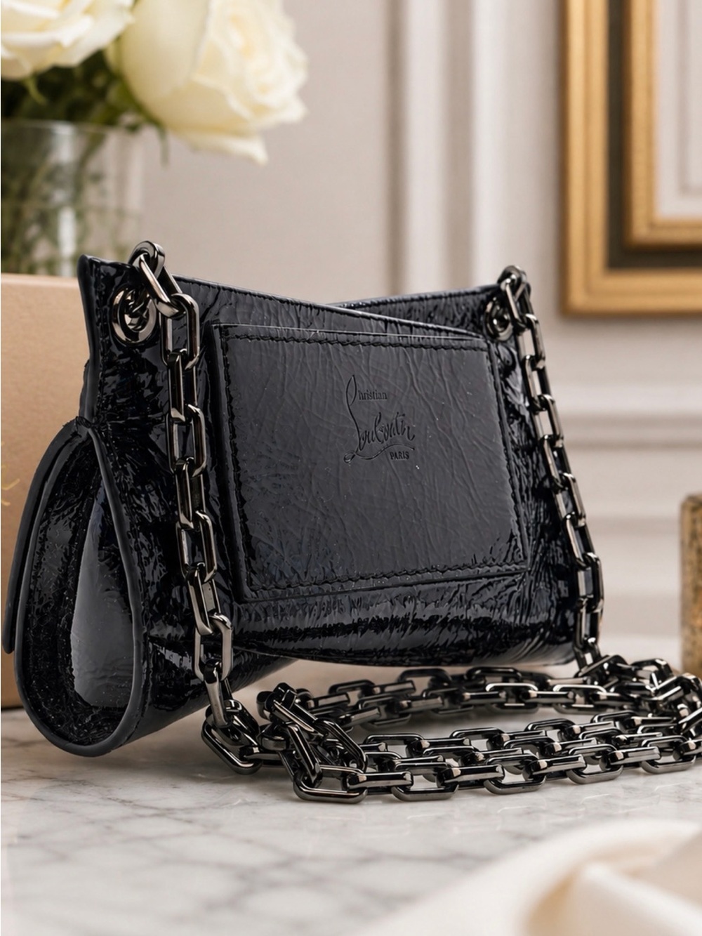 C L Loubitwist Black Patent Leather Mini Chain Shoulder Bag with Gunmetal Chain